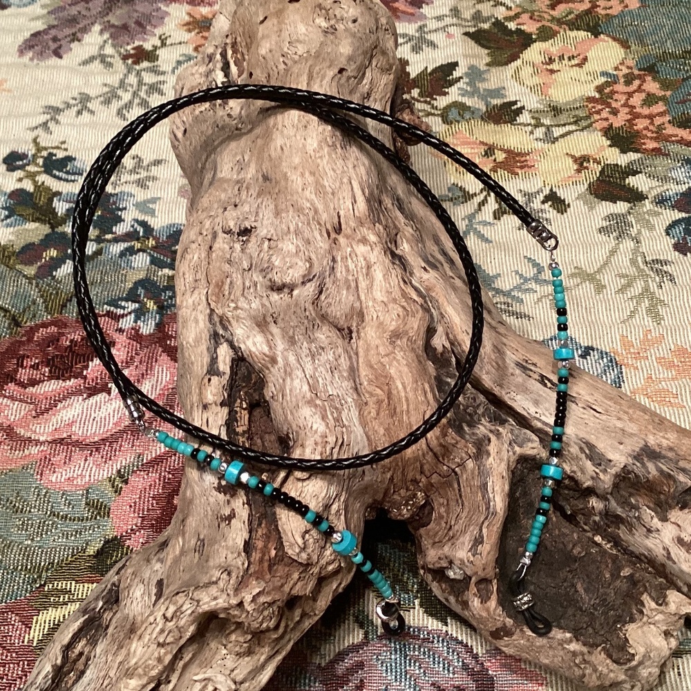 Braided Black Leather Beaded Eyeglass Chain